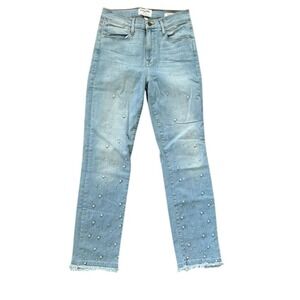 Frame Le High Straight Double‎ Frayed Hem Pearl Applique Sz 27 Chic